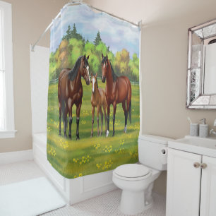 Brown Bay Quarter Horses In Summer Pasture Shower Curtain