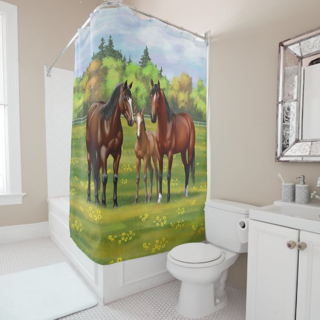 Brown Bay Quarter Horses In Summer Pasture Shower Curtain (In Situ)