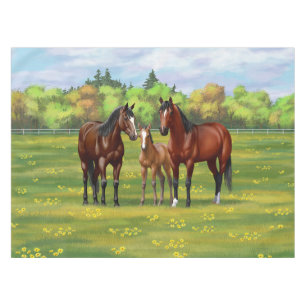 Brown Bay Quarter Horses In Summer Pasture Tablecloth