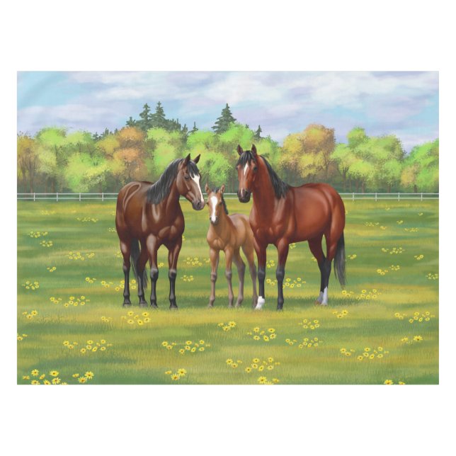 Brown Bay Quarter Horses In Summer Pasture Tablecloth (Front (Horizontal))