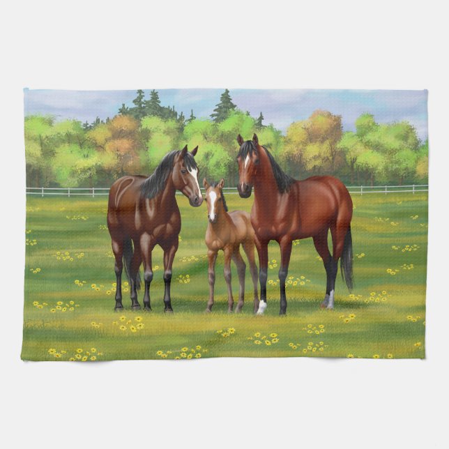 Brown Bay Quarter Horses In Summer Pasture Tea Towel (Horizontal)