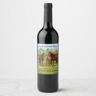Brown Bay Quarter Horses In Summer Pasture Wine Label
