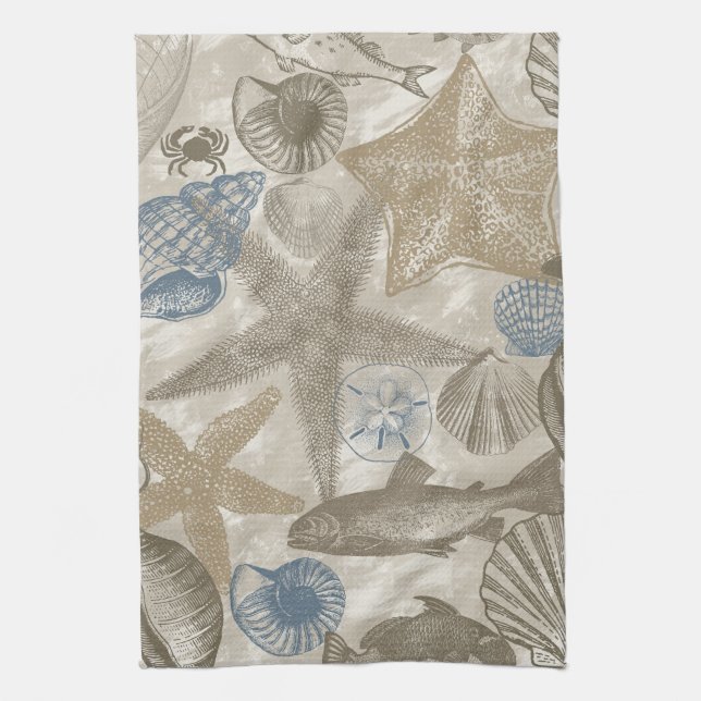 Brown Beach Blue Shells Ocean    Tea Towel (Vertical)
