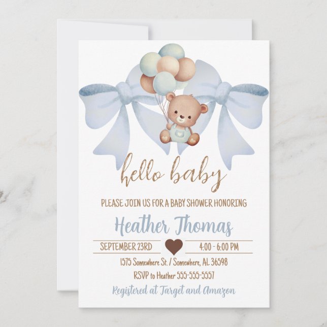 Brown Bear And Bow Baby Shower Invitation (Front)