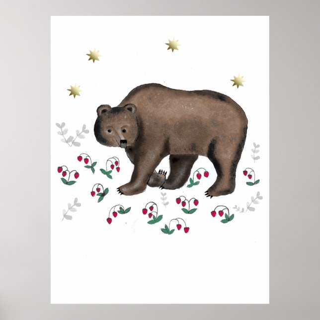 Brown Bear And Forest Strawberries Illustration   Poster (Front)
