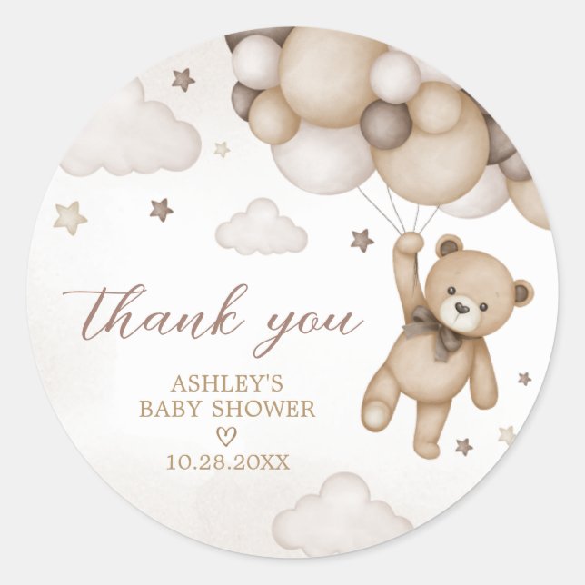 Brown Bear Balloon Baby Shower Classic Round Sticker (Front)