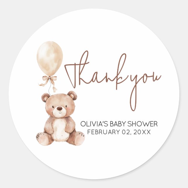 Brown Bear Balloon Baby Shower Classic Round Sticker (Front)