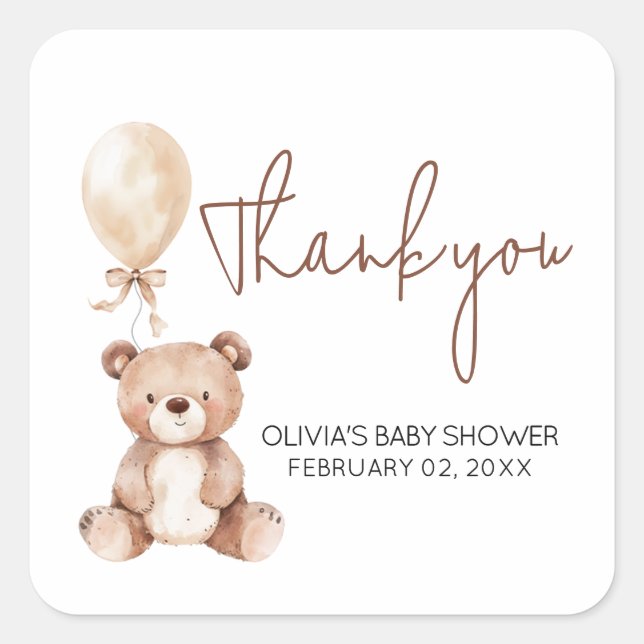 Brown Bear Balloon Baby Shower Square Sticker (Front)