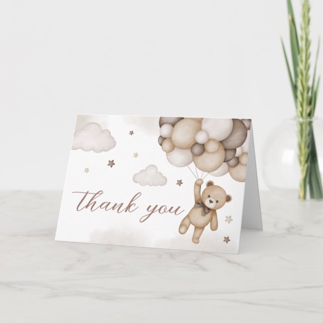 Brown Bear Balloon Baby Shower Thank You Card (Front)