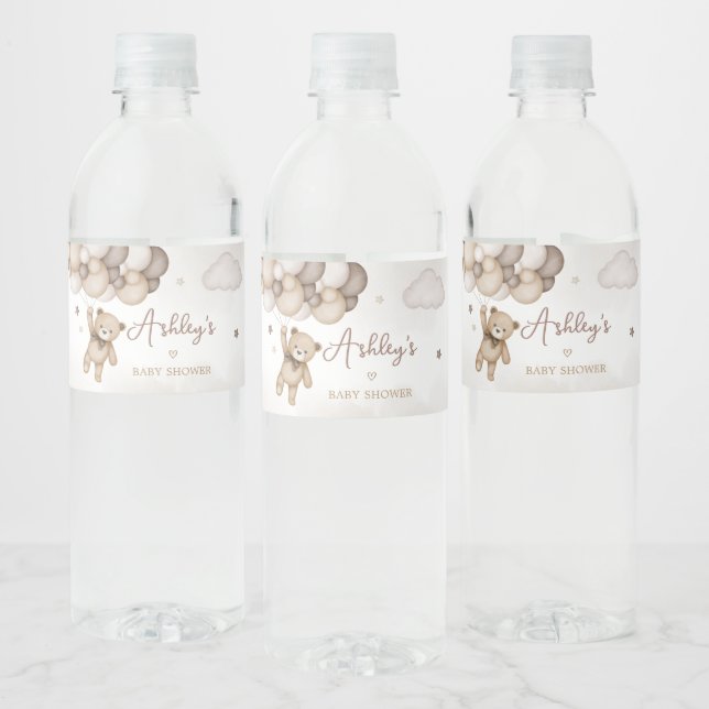 Brown Bear Balloon Baby Shower Water Bottle Label (Bottles)