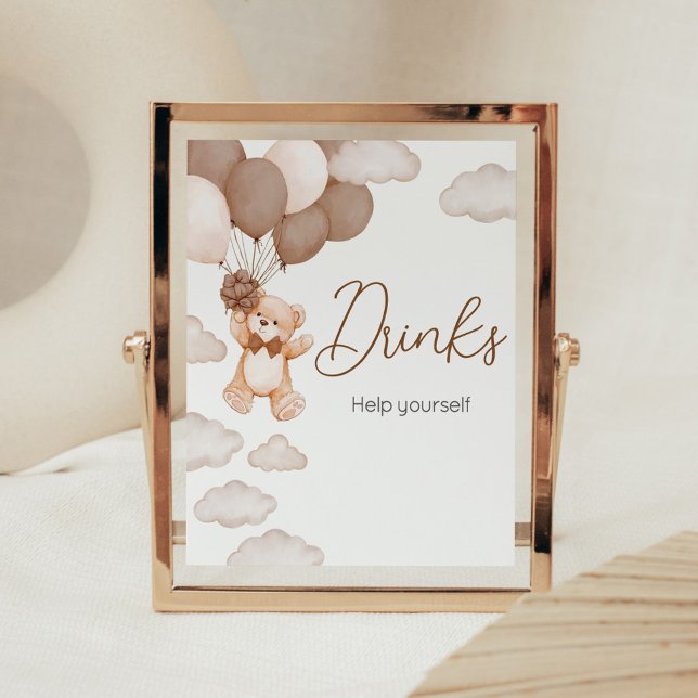 Brown Bear Balloon Bearly Wait Baby Shower Drinks Poster (Brown Baby Bear Balloon Baby Shower Drinks Sign)