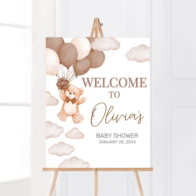 Brown Bear Balloon Bearly Wait Baby Shower Welcome Poster (Brown Baby Bear Balloon Baby Shower Welcome Sign)
