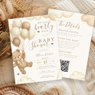 Brown bear balloon gender neutral baby shower invitation