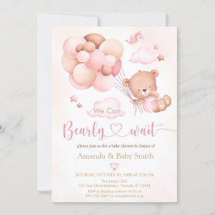  Brown Bear Balloon girl Baby Shower Invitation