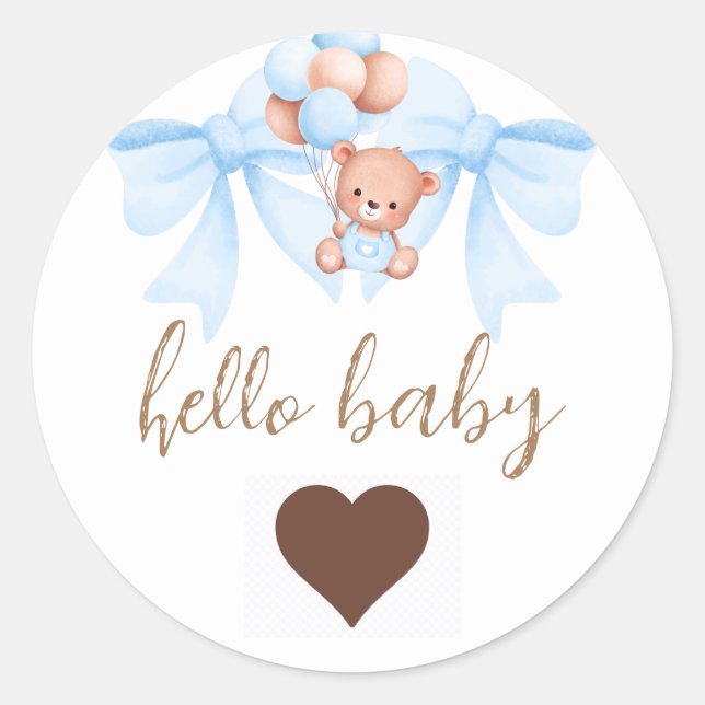Brown Bear Blue Bow Baby Shower Classic Round Sticker (Front)