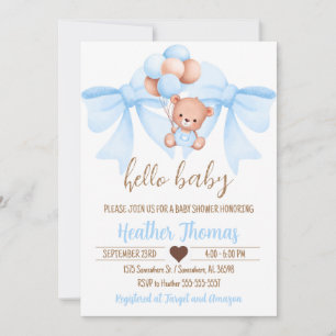 Brown Bear Blue Bow Baby Shower Invitation