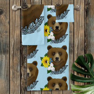 Brown Bear Blue Flowers Feather Bath Towel Set