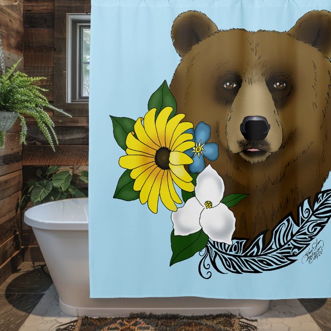Brown Bear Blue Flowers Feather Shower Curtain (Creator Uploaded)