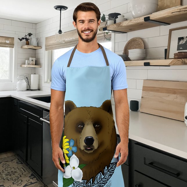 Brown Bear Blue Flowers Feather Wildlife Apron (Creator Uploaded)