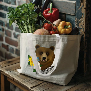 Brown Bear Blue Flowers Feather Wildlife Large Tote Bag