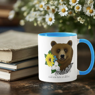Brown Bear Blue Flowers Feather Wildlife Mug