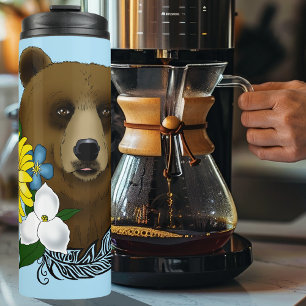 Brown Bear Blue Flowers Feather Wildlife Thermal Tumbler