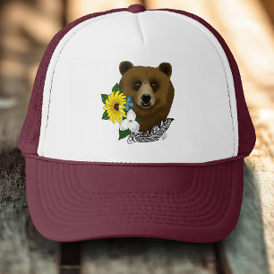 Brown Bear Blue Flowers Feather Wildlife Trucker Hat