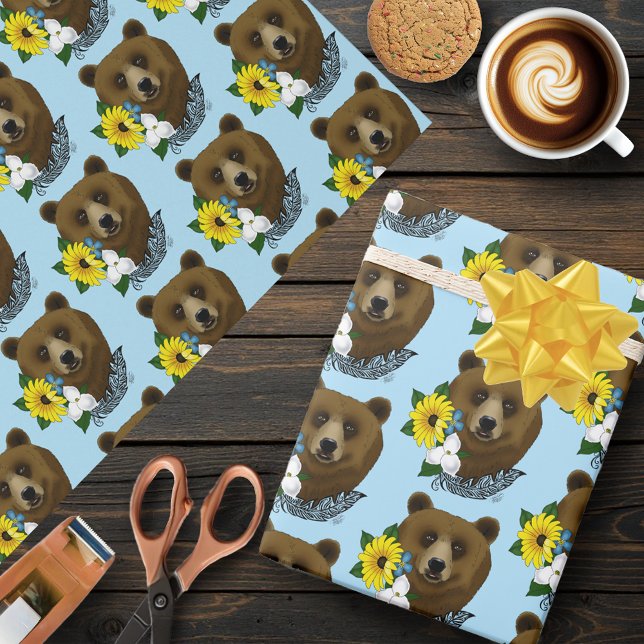 Brown Bear Blue Flowers Feather Wrapping Paper (Creator Uploaded)
