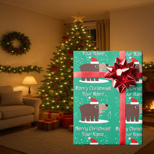 Brown bear cartoon with santa hat custom Christmas Wrapping Paper