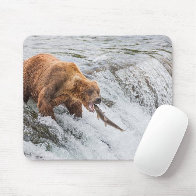 Brown Bear Catches Red Salmon Mouse Mat (With Mouse)
