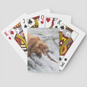 Brown Bear Catches Red Salmon Playing Cards