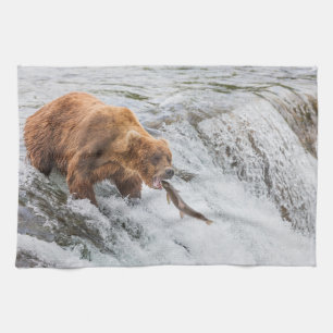 Brown Bear Catches Red Salmon Tea Towel
