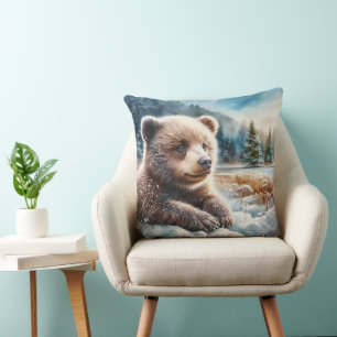 Brown Bear Cub in Winter Snow and Pine Trees Cushion