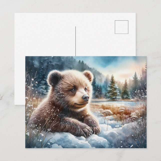 Brown Bear Cub in Winter Snow and Pine Trees Postcard (Front/Back)