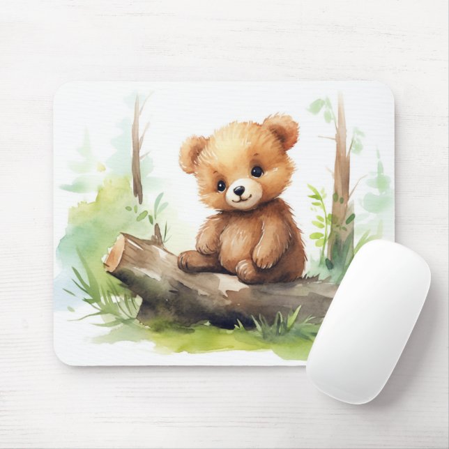 Brown Bear Cub On Log Mouse Mat (With Mouse)