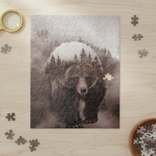 Brown Bear Double Exposure Forest Poster Jigsaw Puzzle (Creator Uploaded)