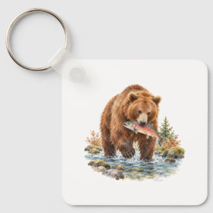 Brown Bear Fishing in a Stream Key Ring