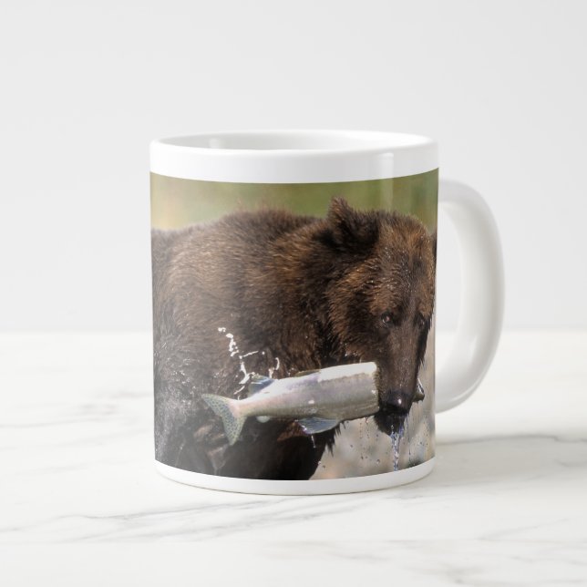 Brown bear, grizzly bear, with salmon catch, large coffee mug (Front Right)