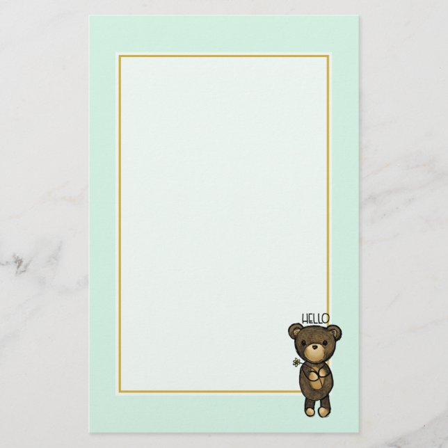 Brown Bear Holding a Yellow Flower saying Hello Stationery (Front)