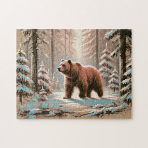 Brown Bear in Snowy Forest Pastel Chalk Art Jigsaw Puzzle