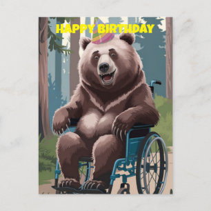 brown bear in wheelchair nature birthday  postcard