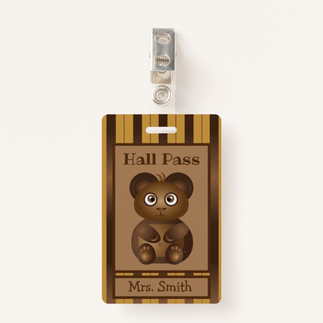 Brown bear kindergarten student hall pass ID badge (Front with Clip)