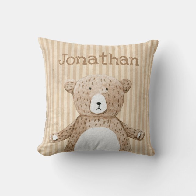 Brown Bear Name Rustic Stripe Nursery Cushion (Front)