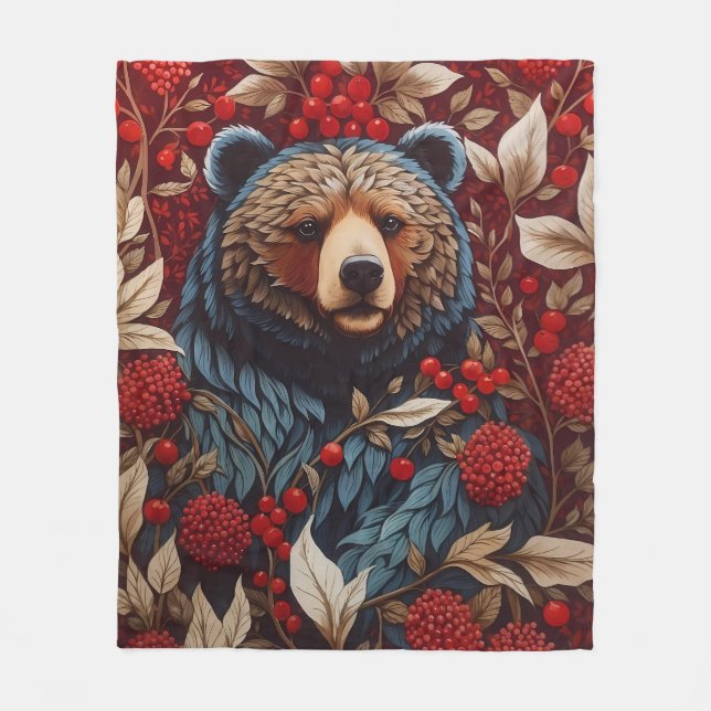 Brown Bear Red Berries William Morris Inspired Fleece Blanket (Front)