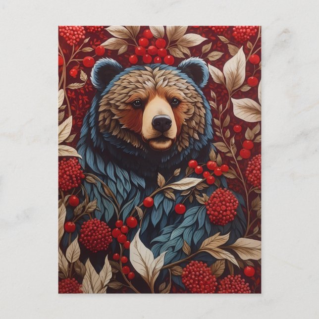 Brown Bear Red Berries William Morris Inspired Postcard (Front)