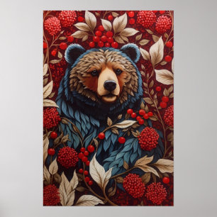Brown Bear Red Berries William Morris Inspired Poster