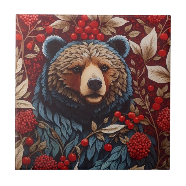 Brown Bear Red Berries William Morris Inspired Tile (Front)