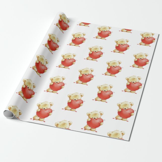 Brown Bear Red Heart Wrapping Paper (Unrolled)