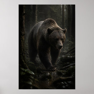 Brown Bear Walking Through Dark Forest Wildlife Wa Poster