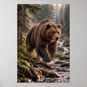 Brown Bear Walking Through Forest Stream Wildlife Poster